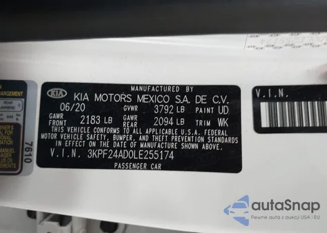 2020 Kia Forte Lxs from USA, damaged, VIN 3KPF24AD0LE255174